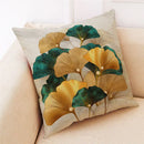 Teal and gold ginkgo leaves linen cushion cover living room