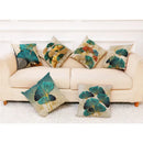 Teal and gold ginkgo leaves linen cushion cover living room
