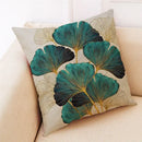 Teal and gold ginkgo leaves linen cushion cover living room