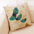 Teal and gold ginkgo leaves linen cushion cover living room