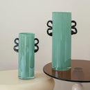 Modern mint green glass vase with black handles living room decor