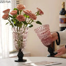 Textured clear glass vase with black base living room decor