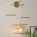 Vintage stained glass wall lamp bedroom brass light with pull chain
