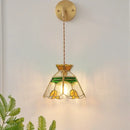 Vintage stained glass wall lamp bedroom brass light with pull chain