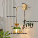 Vintage stained glass wall lamp bedroom brass light with pull chain