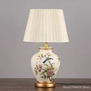 Blue floral bird ceramic table lamp bedroom pleated light
