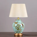 Blue floral bird ceramic table lamp bedroom pleated light