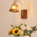 Mid century amber glass and wood wall lamp bedroom pull chain switch