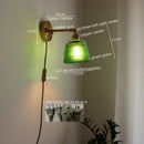 Japanese style led green glass wall light for bedroom brass sconce