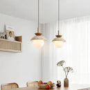 Wabi sabi beige stone and wood led pendant light dining room