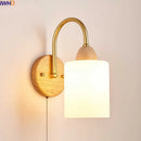 Modern brass and wood led pull chain wall lights for bedroom