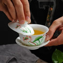 DecorBites™ Lotus Hand-Drawn Gaiwan Tea Set - White Porcelain Jingdezhen Teapot Puer Cup