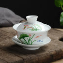 Hand painted lotus white porcelain gaiwan tea set dining room