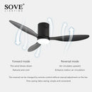 Modern black low floor ceiling fan with remote control bedroom light