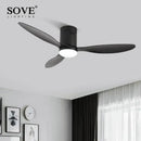 Modern black low floor ceiling fan with remote control bedroom light