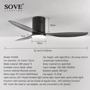 Modern black low floor ceiling fan with remote control bedroom light