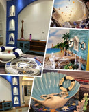Nautical theme beige & navy blue fishing net wall decor living room