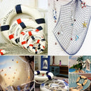 Nautical theme beige & navy blue fishing net wall decor living room