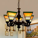 DecorBites™ Retro Geometric Stained Glass Chandelier with Crystal Pendants - 5 Bulbs in Yellow/Blue for Bedroom