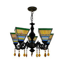 DecorBites™ Retro Geometric Stained Glass Chandelier with Crystal Pendants - 5 Bulbs in Yellow/Blue for Bedroom