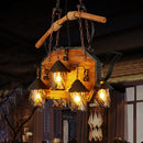 DecorBites™ Retro Ship-Shaped Island Lamp - Black Metallic Hanging Light Fixture for Restaurants - 6 Lights - White Fabric/Clear Glass Shade