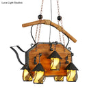 DecorBites™ Retro Ship-Shaped Island Lamp - Black Metallic Hanging Light Fixture for Restaurants - 6 Lights - White Fabric/Clear Glass Shade