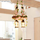 DecorBites™ Retro Wooden Lantern 2/3 Head Island Ceiling Light with LED Drop Lamp, Pink/Green, Plant/Flower Decor