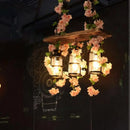 DecorBites™ Retro Wooden Lantern 2/3 Head Island Ceiling Light with LED Drop Lamp, Pink/Green, Plant/Flower Decor