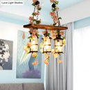 DecorBites™ Retro Wooden Lantern 2/3 Head Island Ceiling Light with LED Drop Lamp, Pink/Green, Plant/Flower Decor