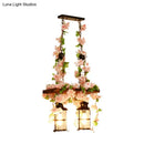 DecorBites™ Retro Wooden Lantern 2/3 Head Island Ceiling Light with LED Drop Lamp, Pink/Green, Plant/Flower Decor