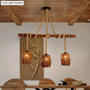 DecorBites™ Rustic Rattan Woven Island Pendant – 3-Bulb Dining Room Hanging Light Fixture in Wood