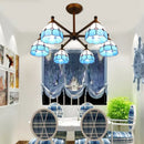 DecorBites™ Rustic Style Stained Glass Domed Hanging Chandelier - 6-Light Yellow/Red/Blue Pendant Light for Dining Room