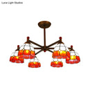 DecorBites™ Rustic Style Stained Glass Domed Hanging Chandelier - 6-Light Yellow/Red/Blue Pendant Light for Dining Room