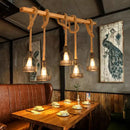 DecorBites™ Rustic Wood Pendant Lamp: Linear Restaurant Hanging Island Light with Brown Roped Cage (3/5-Light)