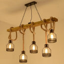 DecorBites™ Rustic Wood Pendant Lamp: Linear Restaurant Hanging Island Light with Brown Roped Cage (3/5-Light)