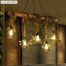 DecorBites™ Rustic Wooden Brown Island Light with 5 Heads, Cage Shade, and Green Art Ivy Pendant