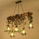 DecorBites™ Rustic Wooden Brown Island Light with 5 Heads, Cage Shade, and Green Art Ivy Pendant