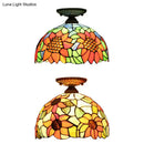 DecorBites™ Tiffany 2-Light Domed Semi Flush Mount Ceiling Light with Sunflower Pattern in Brass/Bronze - Bedroom Lighting