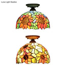 DecorBites™ Tiffany 2-Light Domed Semi Flush Mount Ceiling Light with Sunflower Pattern in Brass/Bronze - Bedroom Lighting