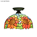 DecorBites™ Tiffany 2-Light Domed Semi Flush Mount Ceiling Light with Sunflower Pattern in Brass/Bronze - Bedroom Lighting