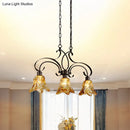 DecorBites™ Traditional Black Island Lamp with Amber Glass, Floral Design, and 3 Down Lighting Pendants for Dining Room
