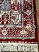 Turkish Silk Runner Rug 2.6 x 11.6, Panel Design, Dark Red Ivory, Bamboo Silk, New