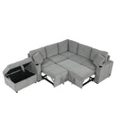 Multi-Functional Sectional Sofa Convertible Pull-out Bed with Storage Ottoman, USB Ports, Cup Holders, Chenille, Gray, 84.7'