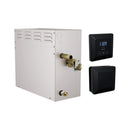 White steam machine with brass valves and two black digital controllers on a white background