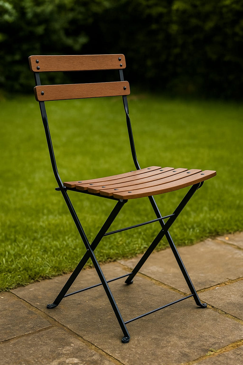 Dijon Folding Chair - Stackable -European Chestnut Wood Clear Coated Slats - Set of two angle outdoor view
