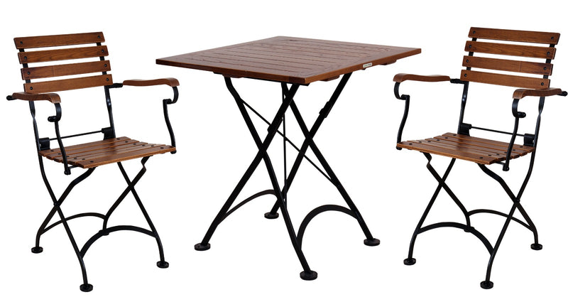 DemarForge Folding Square Table 4114 - Stackable - European Chestnut Wood Clear Coated angle view with 2 chairs
