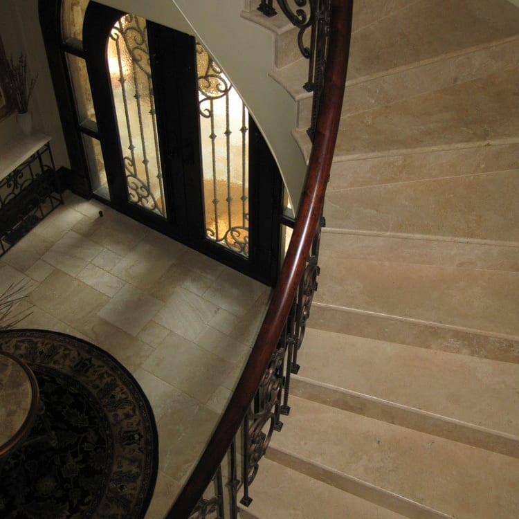 Denizli Beige Antique Pattern Travertine Tile - Full Truckload brushed and chiseled installed to entrance of the house with travertine stairs