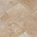Denizli Beige Antique Pattern Travertine Tile - Full Truckload brushed eased edge top angle view