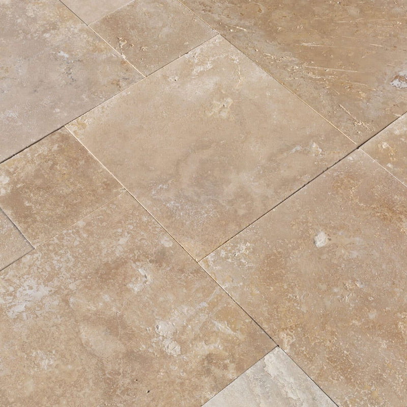 Denizli Beige Antique Pattern Travertine Tile - Full Truckload brushed eased edge top angle view
