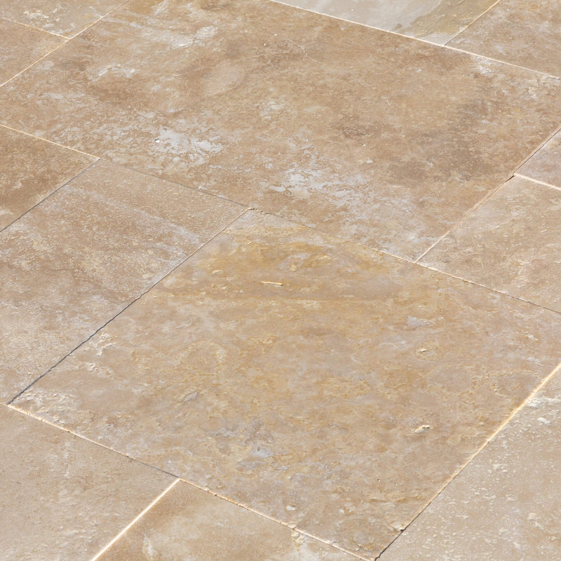 Denizli Beige Antique Pattern Travertine Tile - Full Truckload brushed eased edge angle view